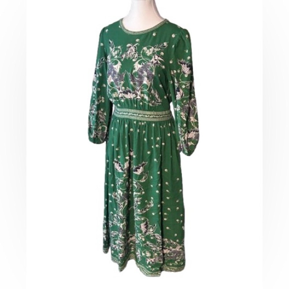 Boho Floral Long Sleeved Max Studio Med Dress Green Blue Designer Cotton Linen